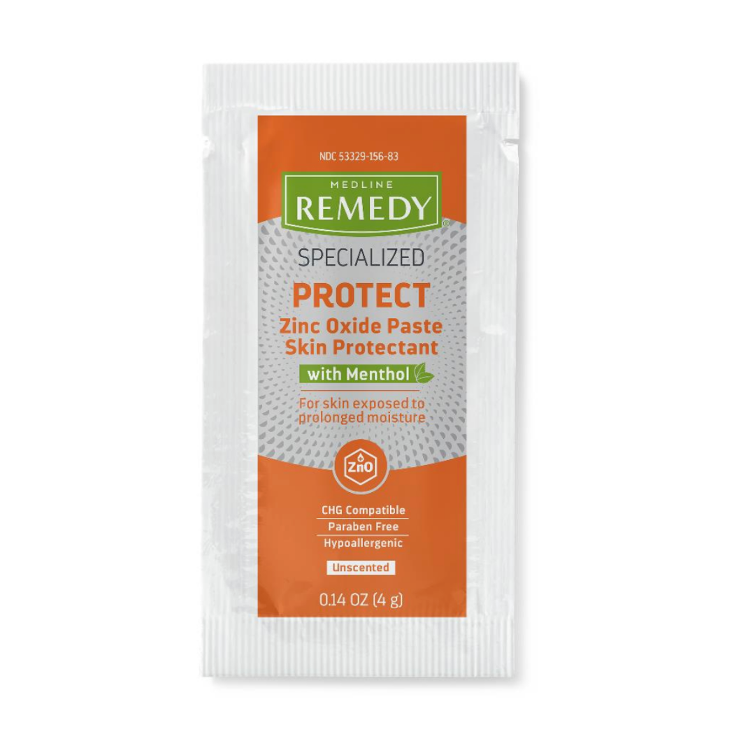 A 0.14 oz (4g) single-use packet of Medline Remedy Specialized Zinc Oxide Paste with Menthol—CHG compatible, paraben free, hypoallergenic, unscented.